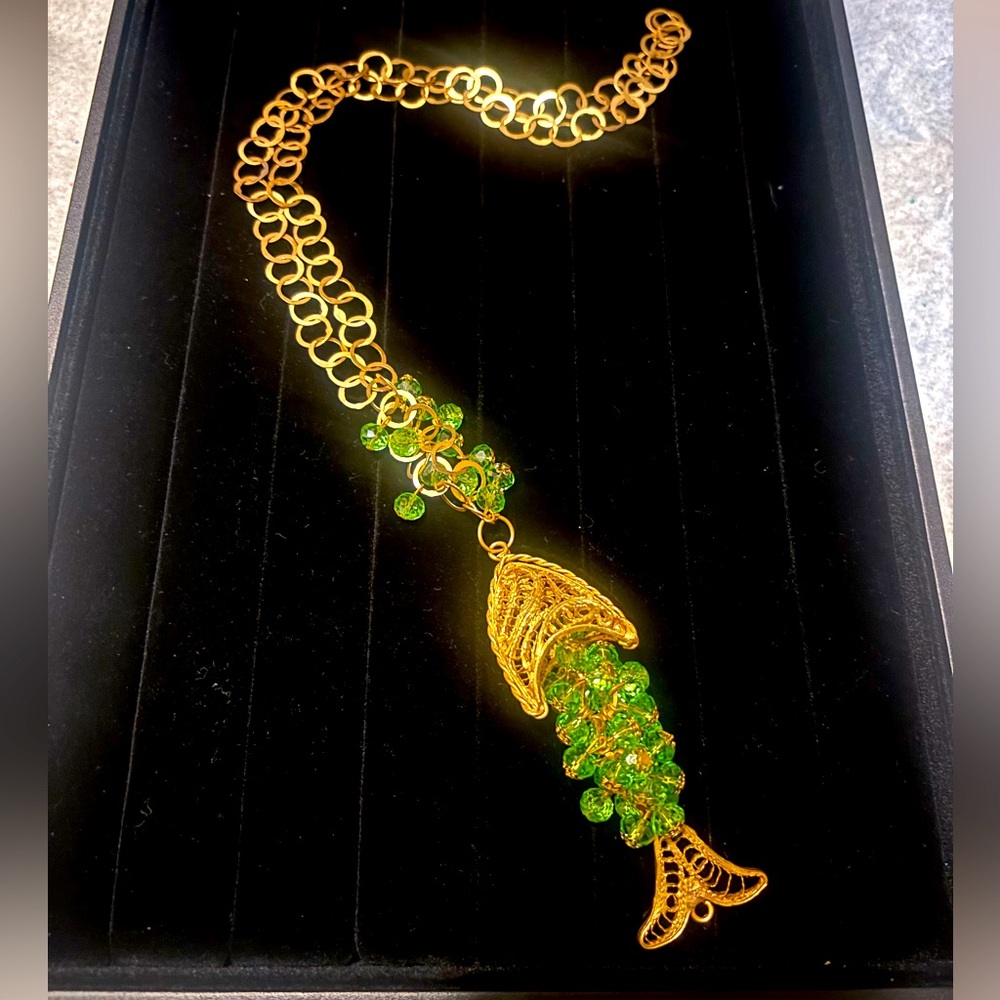 Unique Necklace w Mediterranean Flare, Fish Design w Green Embellishments.